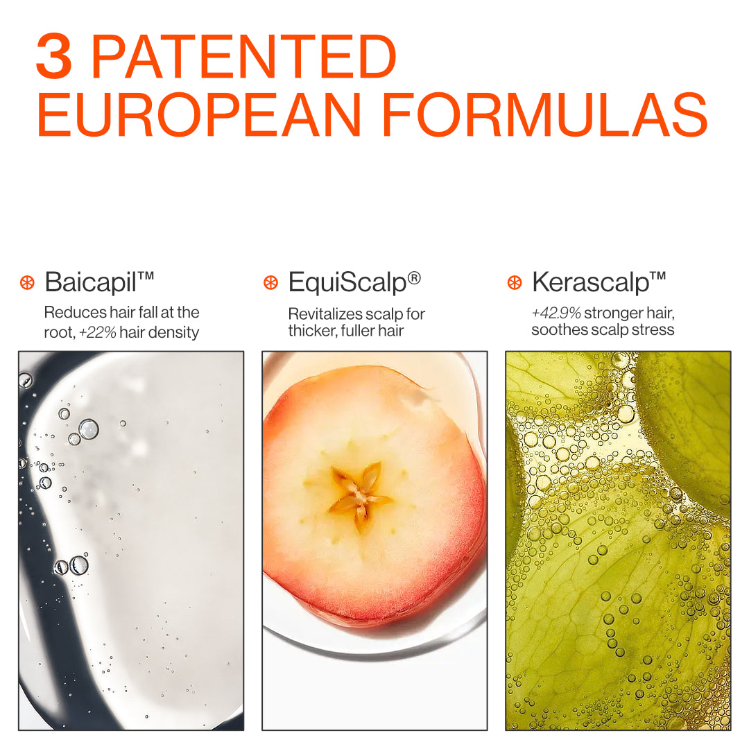 Advertisement for patented European hair care formulas with images of ingredients and text.